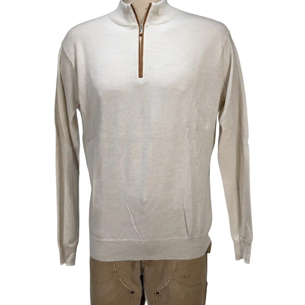 Peter Millar Men's Merino Wool Blend Quarter Zip Sweater Ivory Sz XL NWT $250